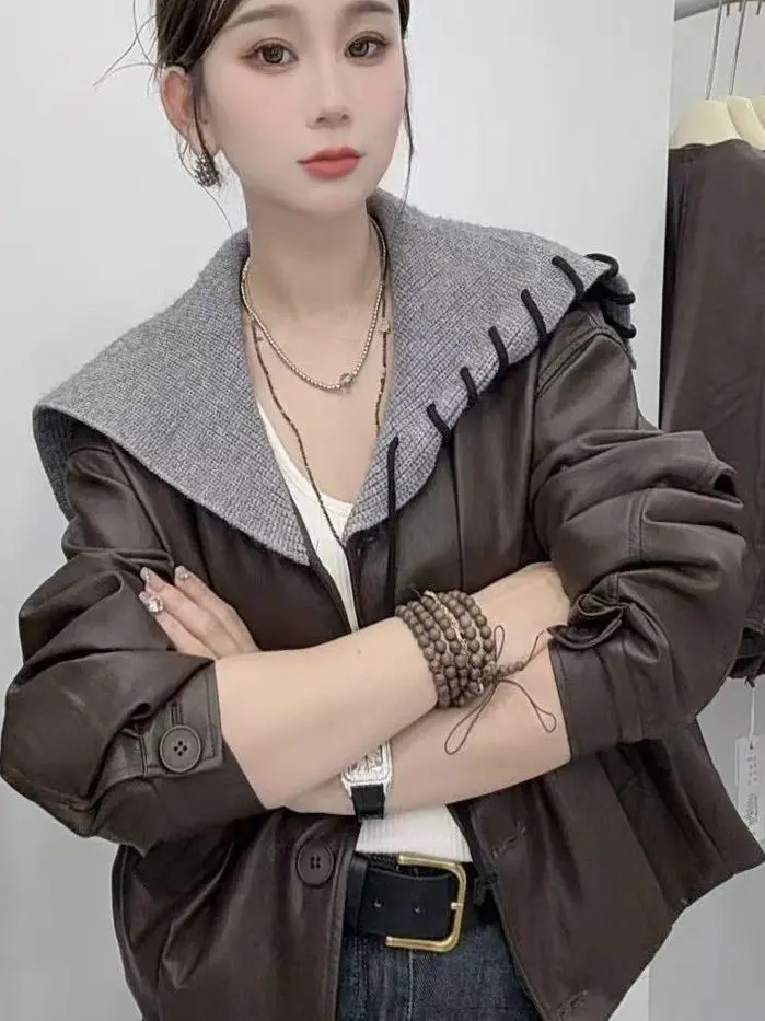 Black Design Sense Navy Collar Super Beautiful Leather Jacket Women Spring New Small Casual Slim Short Coat Button Closure