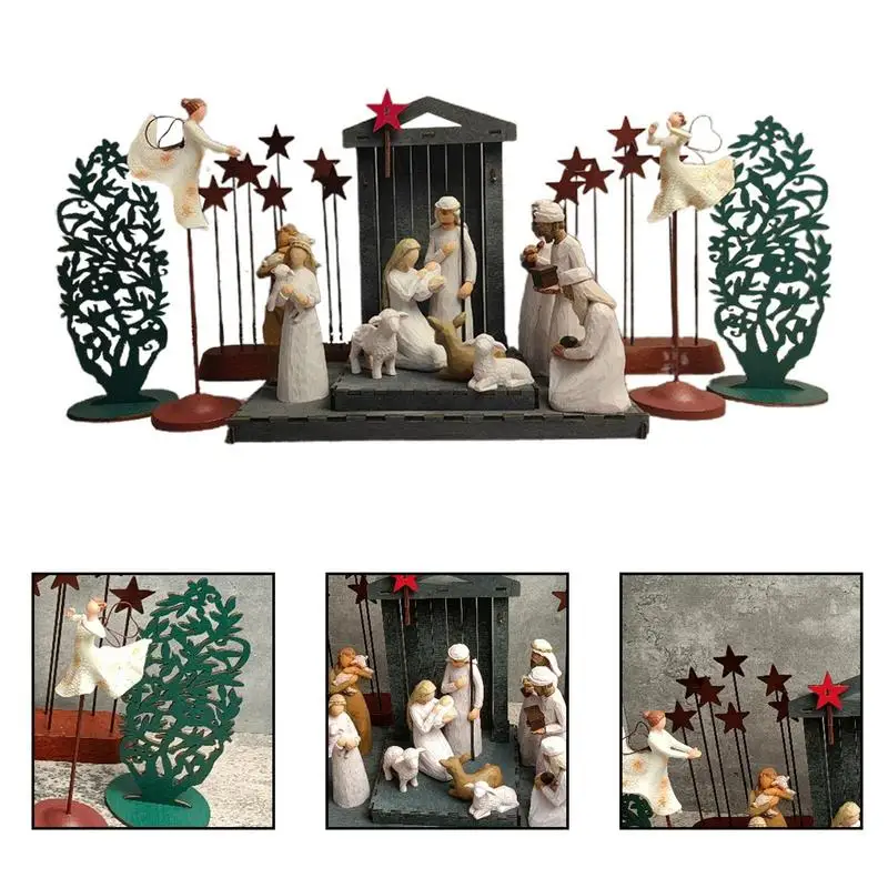 Nativity Scene Figurines 17Pcs Resin Jesus Nativity Figures Sculpted Manger Decoration Christmas Ornament For Study Living Room