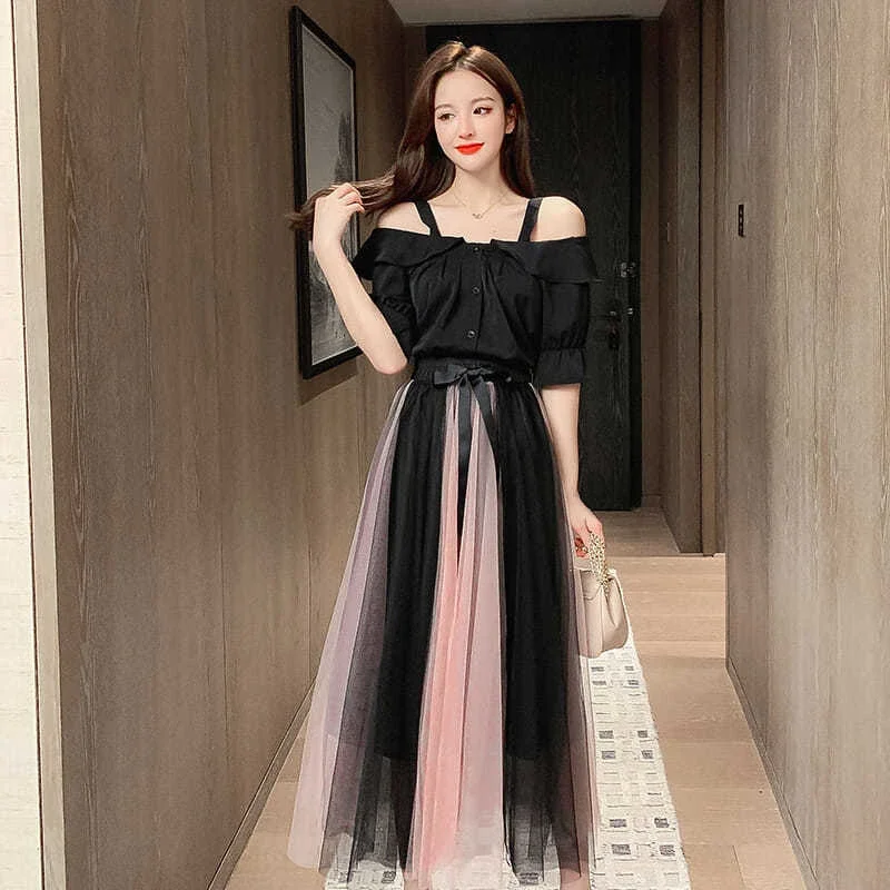 Off Shoulder Solid Shirts + Color Matching Mesh Long Skirt Sets Summer Casual Ruffles Slash Neck Female Two-piece Suit N711