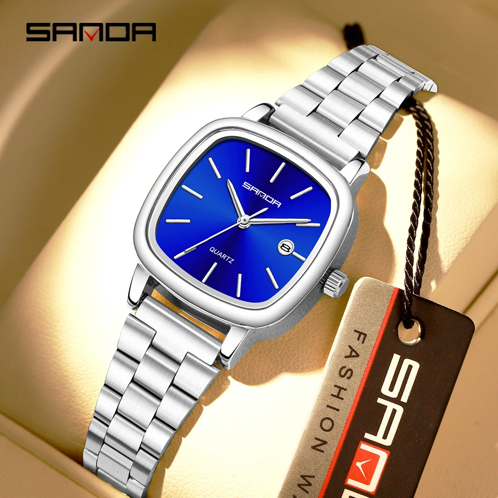 

2026 Sanda 3278 Кварцевые часы для пар Мужские и женские квадратные часы Водонепроницаемый календарь 3 атм Простые и элегантные женские часы