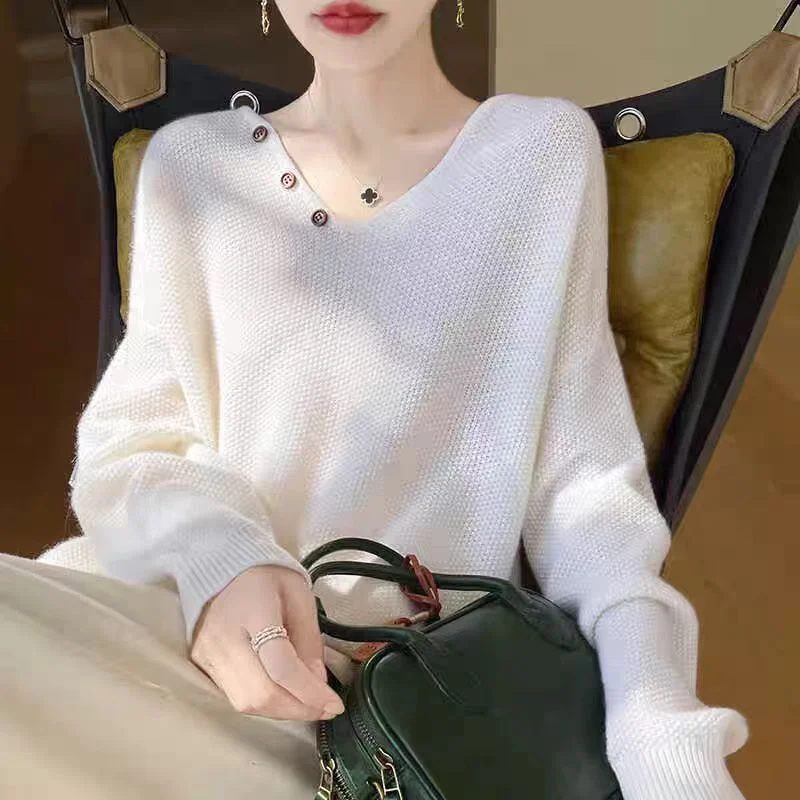 Otoño e Invierno tejidos nuevos de manga larga de Color sólido suéter suelto Base para una apariencia delgada suéter clásico