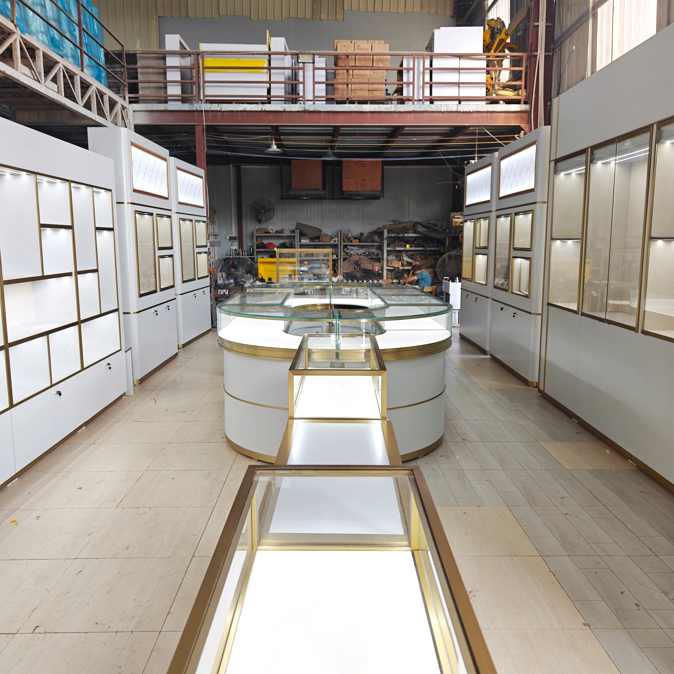 

Custom Modern Luxury Jewelry Showcase LED Light Glass Display Case Wall Mounted Gold Frame Jewelry Store Design Cabinet