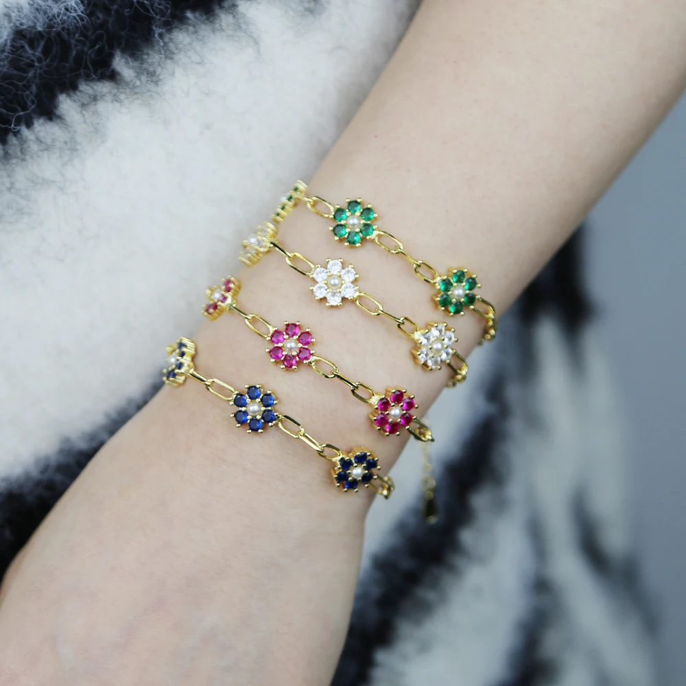 Colorful 2022 Spring New Jewelry Red Blue Green White CZ Pearl Beads Flower Charm Chain Bracelet