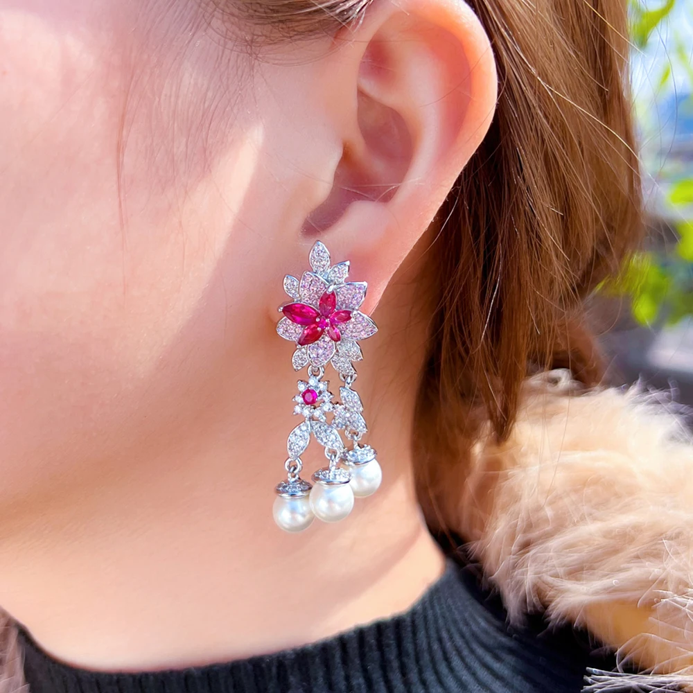 

CWWZircons Fancy Elegant Rose Red CZ Long Dangle Tassel Pearl Earrings for Women Dancing Party Dress Jewelry Accessories E1139