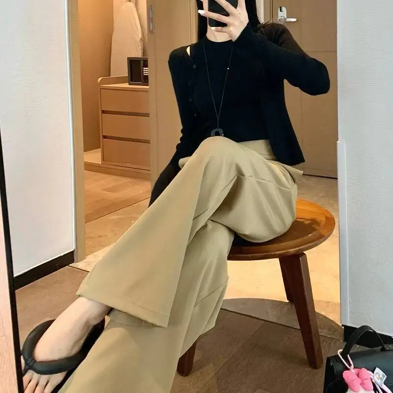 

Корейский винтажный костюм, брюки для женщин, осенняя мода, офисные женские прямые брюки, простые свободные брюки с высокой талией, женские брюки