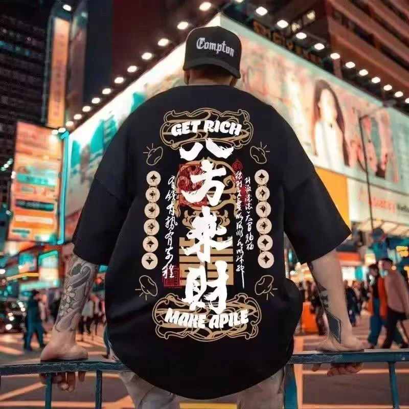 

Summer men's 100% cotton T-shirt with the "Eight Directions Bringing Wealth" pattern print is a trendy and fashionable streetwea