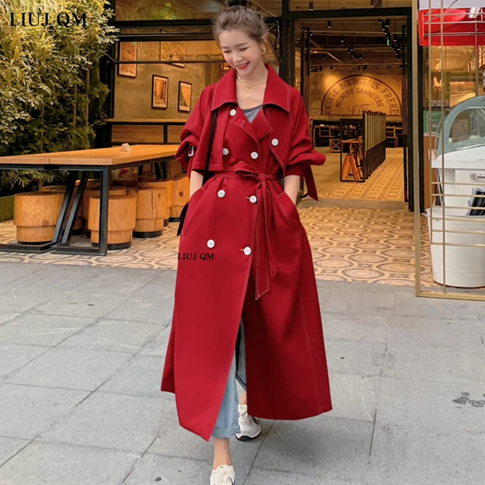 Spring Autumn Double Breasted Trench Coat Women\'s Temperament  Red Windbreaker Overcoat Woman Long Over Knee England Style 2023