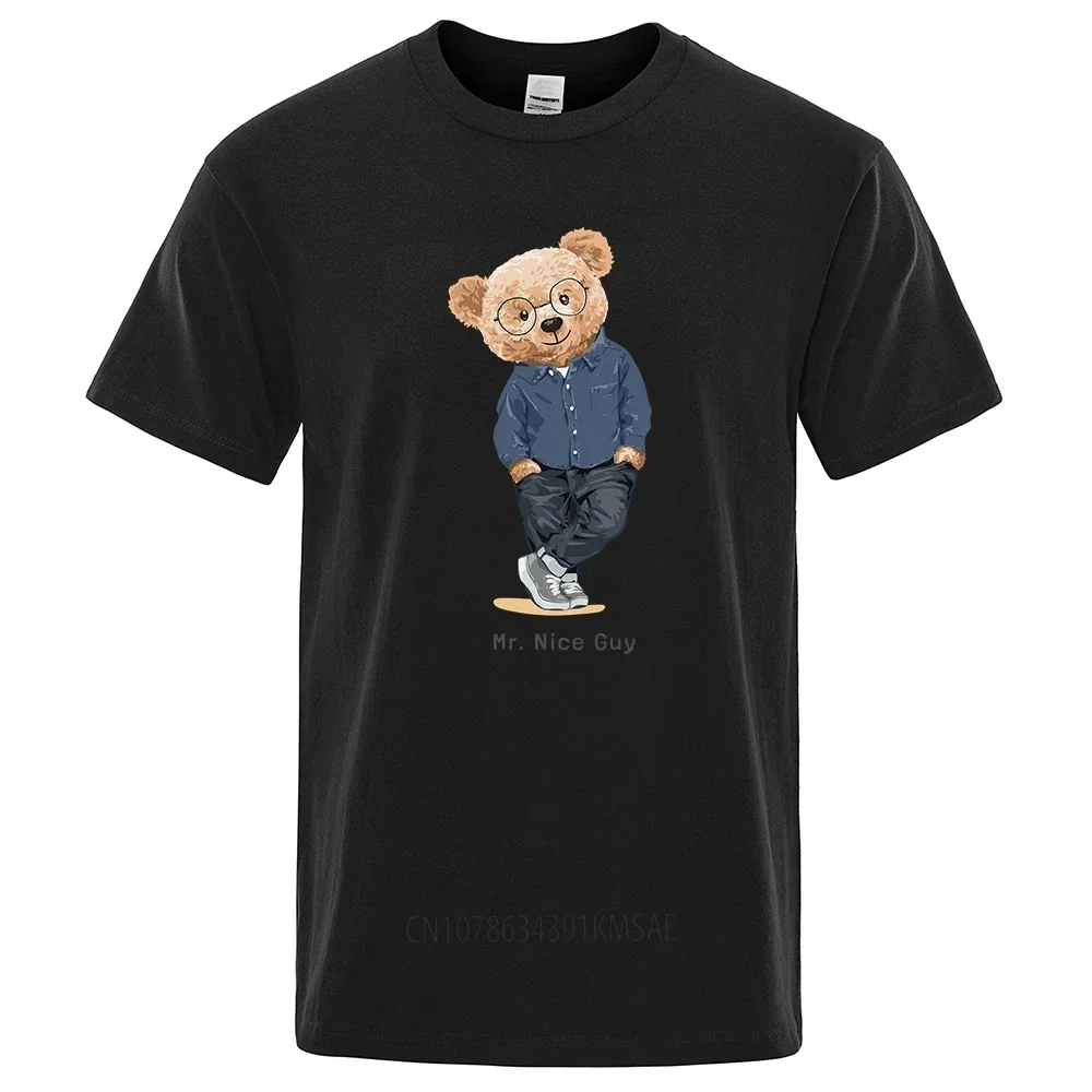 Gentleman Mr. Teddy Bear Nice Guy Prints Men Short Sleeve Street Cotton T-Shirts Loose Oversized Clothing Casual Breathable Tees