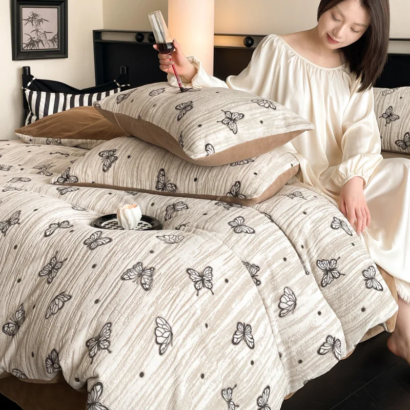 Winter Warm Velvet Duvet Cover Set Printed Queen Bedding Set with Quilt Cover Sheet Pillowcase 4pcs Plush Comforter Cover Set