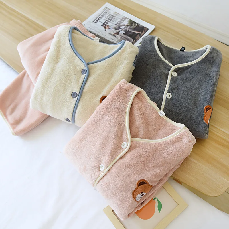 

Утепленный комплект домашней одежды из кораллового флиса с круглым вырезом для мужчин и женщин, зимние теплые пижамы для пар, брюки с длинными рукавами