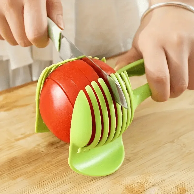Green Handheld Fruit Vegetable Slicer, Food Grade Plastic Ergonomic Cutter for Lemon Tomato, Home Restaurant Kitchen Tool