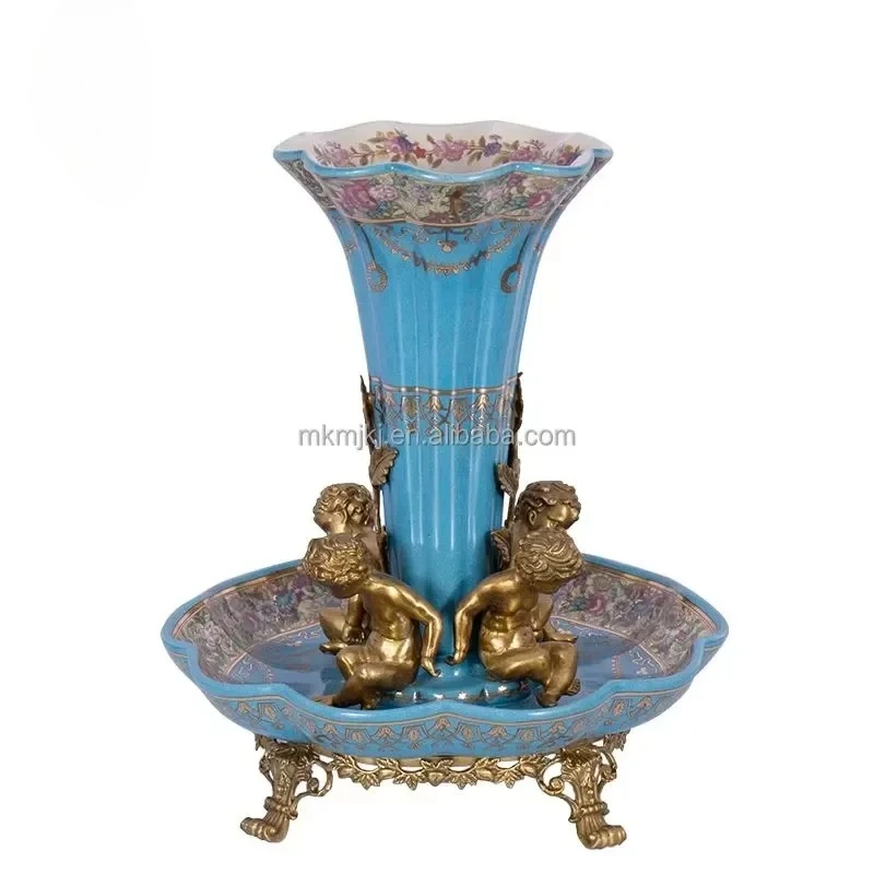 Antique Home Decor Hand Painted Classical European Style Fruit Bowl Luxury Gold Brass Metal Blue Porcelain Tray and Vase Set view 5
