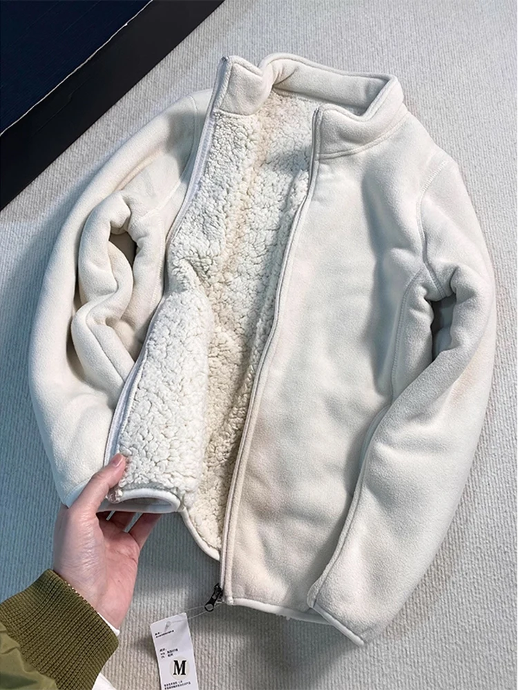 

Thiened Fce Lined Lamb Velvet Sweatirt Men Winter Warm Jaet Inner Fce ex Zipper Closure Long Sve Coat