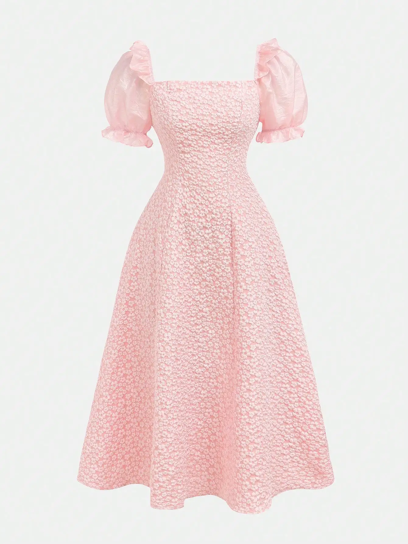 

Pink Square Neck Puff Sleeve Floral Jacquard Midi Dress