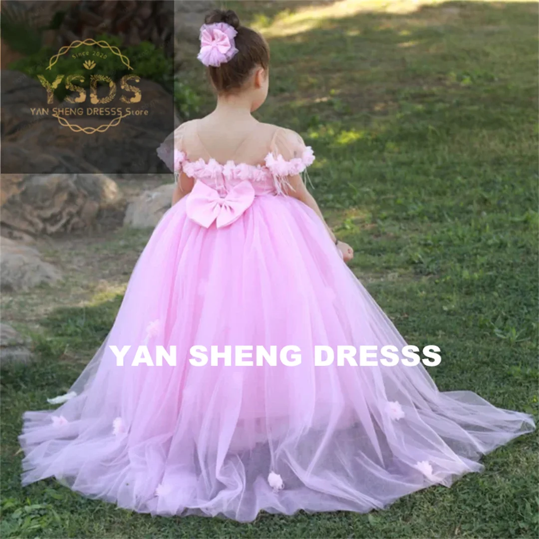 

Customized Flower Girl Dresses Pink Tulle Puffy With Bow Short Sleeve For Wedding Birthday Party Banquet Princess Gowns