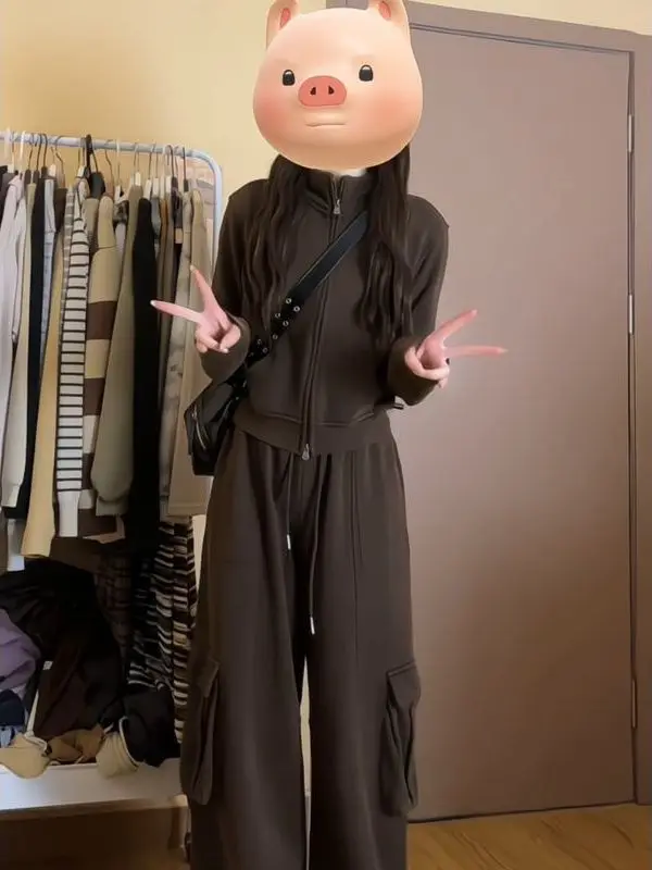 

Корейский высококачественный повседневный спортивный костюм для женщин: осенне-зимний комплект из свитшота с воротником-стойкой и широких брюк, модный комплект из двух предметов