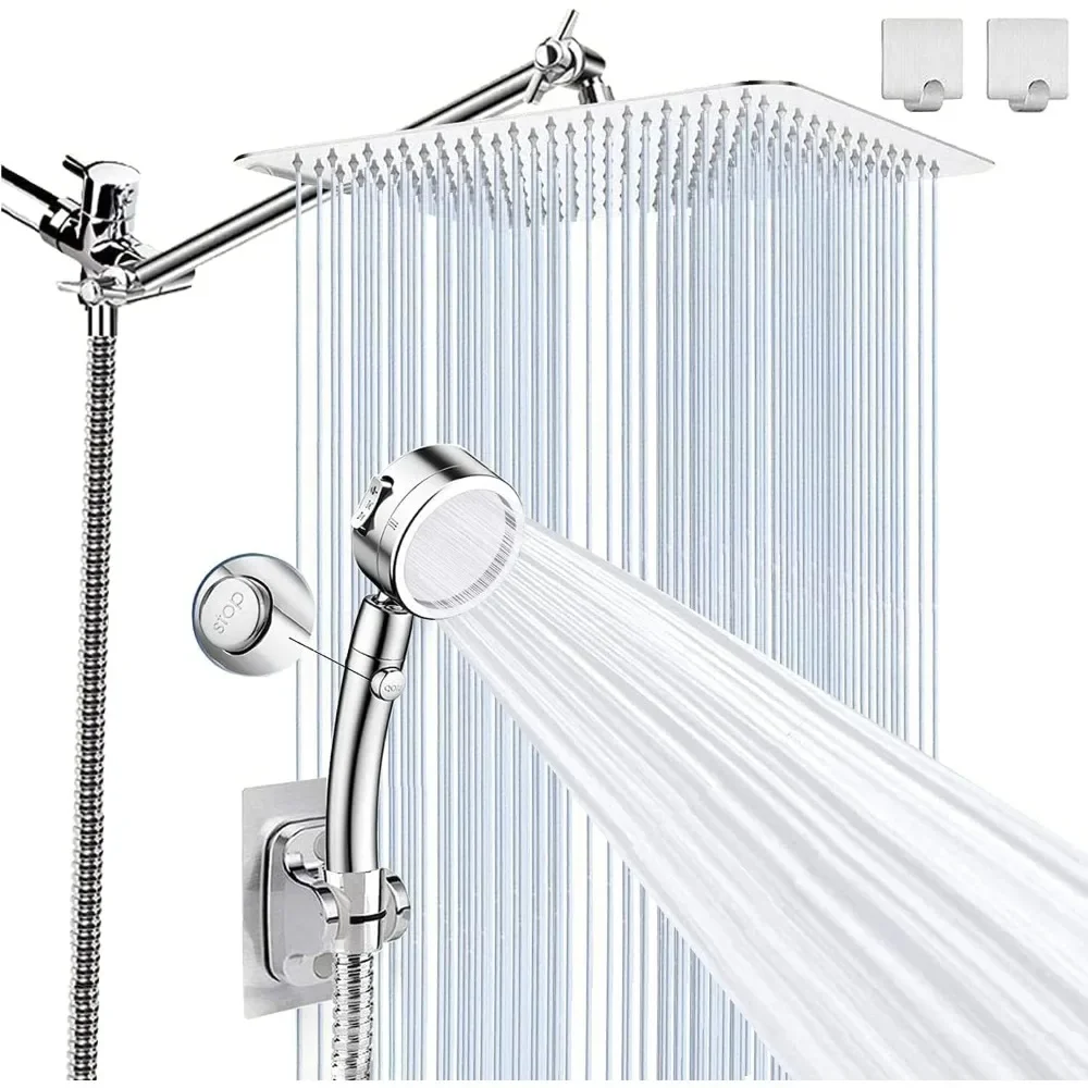 

High Pressure 10" Square Rain Shower Head with 3 Settings Handheld Spray Combo, 78" Extra Long Shower Hose