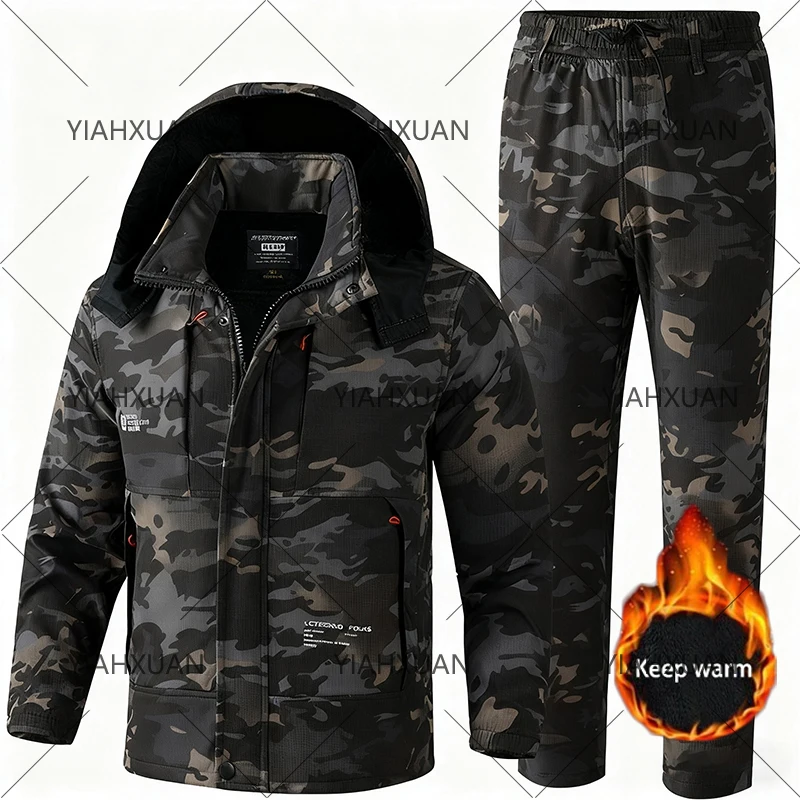 

Men'S Suit Autumn Winter Plus Velvet Work Clothes Outdoor Casual Camouflage Clothing Wear-Resistant Dirt-Resistant Warm Clothing