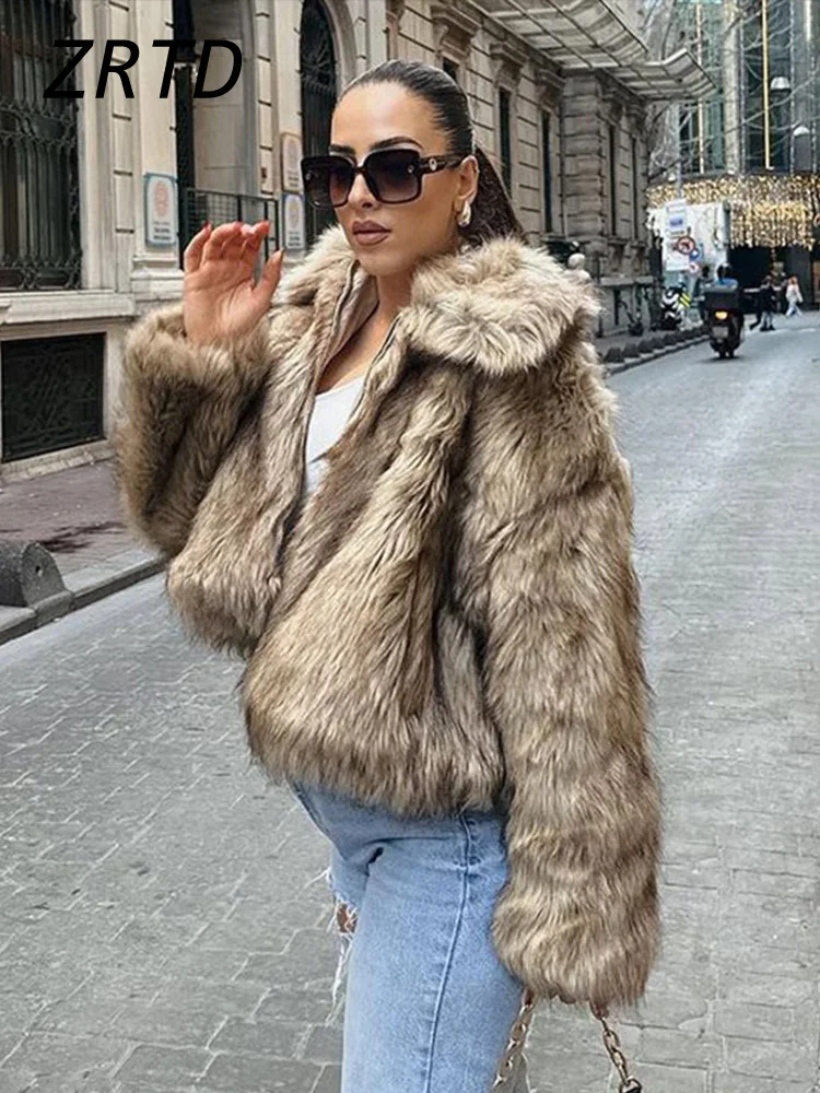 Luxury Faux Fur Women\'s Short Coats Fashion Lapel Zipper Long Sleeve Fluffy Thicken Jacket 2024 Winter Lady Street Loose Outwear