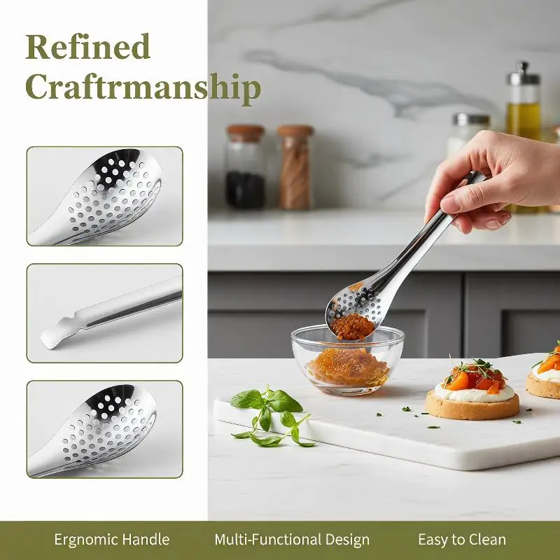 Stainless Steel Strainer Spoon with Holes Non-slip Caviar Builder Utensil for Home Kitchen Dining Cuisine Making