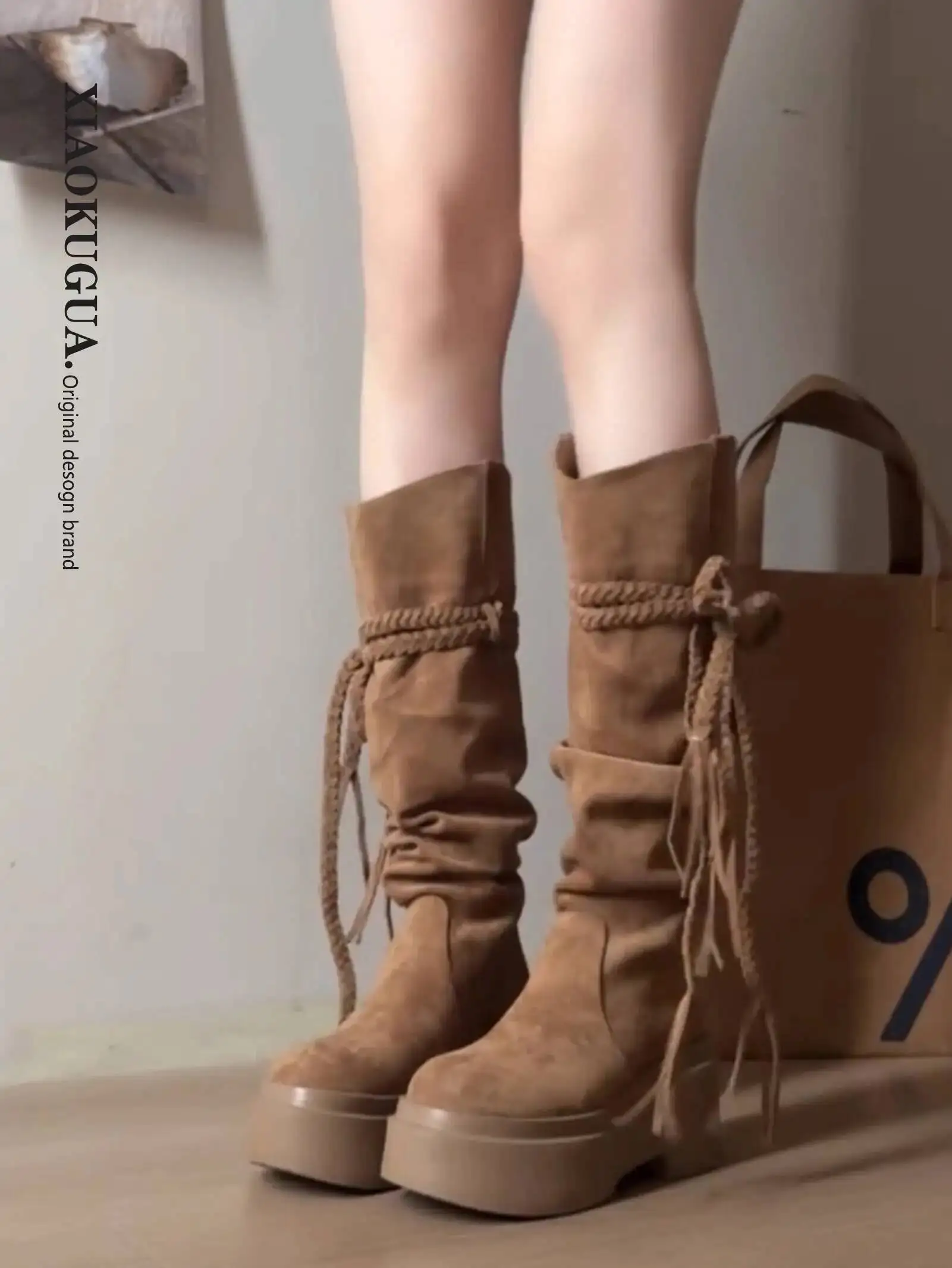 

Mid Length Boots Women's 2025 Autumn New Fringe Platform Boots Knee High Slouchy Style Wasteland Knight Over The Knee Boots
