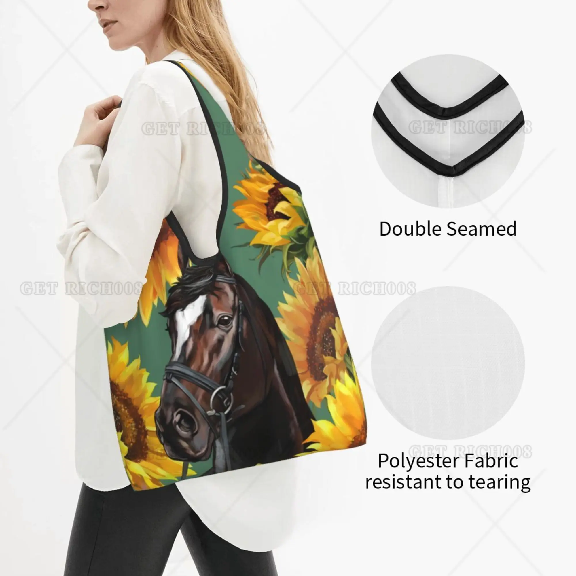 Sunflowers and Horse Foldable Shopper Bags Supermarket Bag for Men Women Girls Waterproof Polyester Printing Pattern One Size