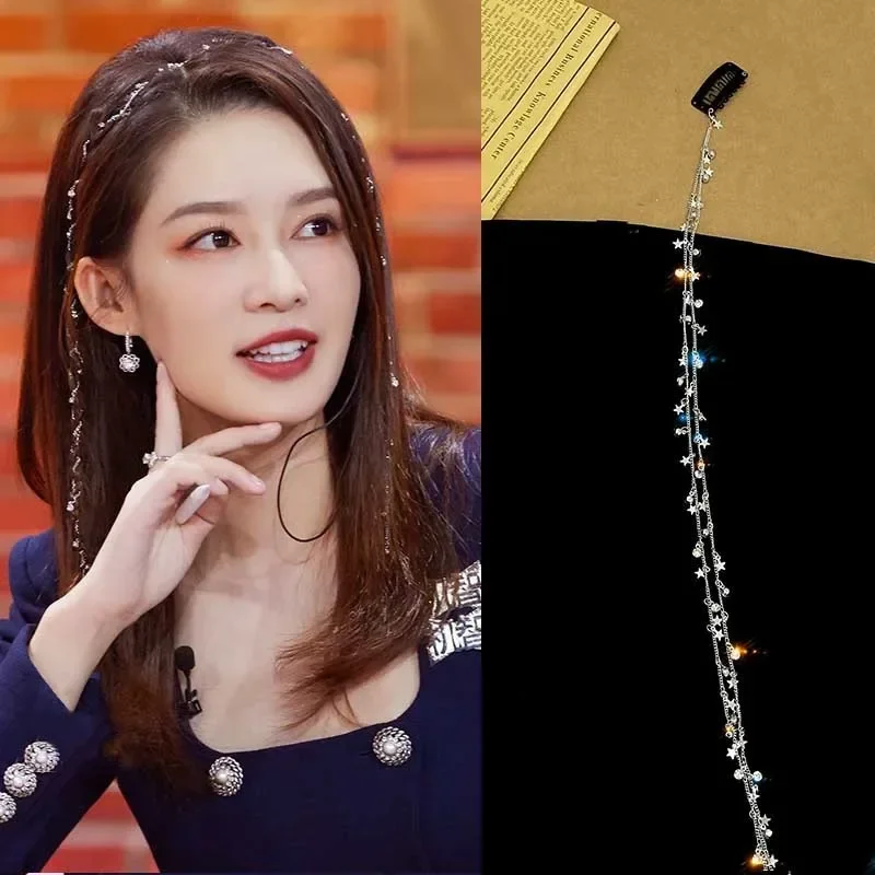 

Bling Drill Crystal Tassel Ponytail Ornament Hair Clips Silver Star Rhinestone Headdress Women's Wedding Dreadlock Hair Braid