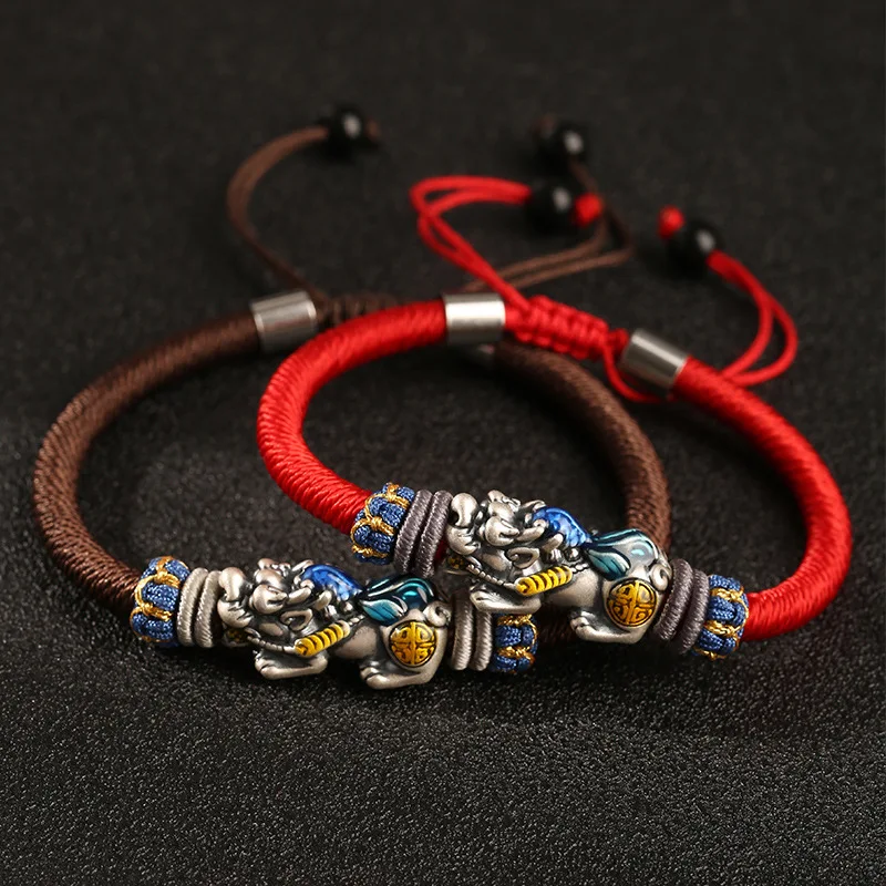 Pulseira Dragon Knot ajustável para homens, pé tecido à mão, corda de mão valente prateada, design de estilo nacional, significado bonito, novo