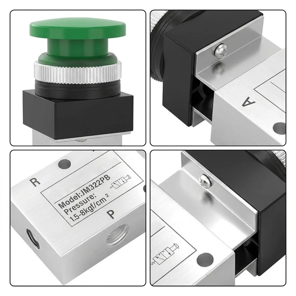 JM322R 1/4in NPT 2 Position 3 Port Push Button Valve for Pneumatic Systems with 1/4in NPT Fitting Compatibility