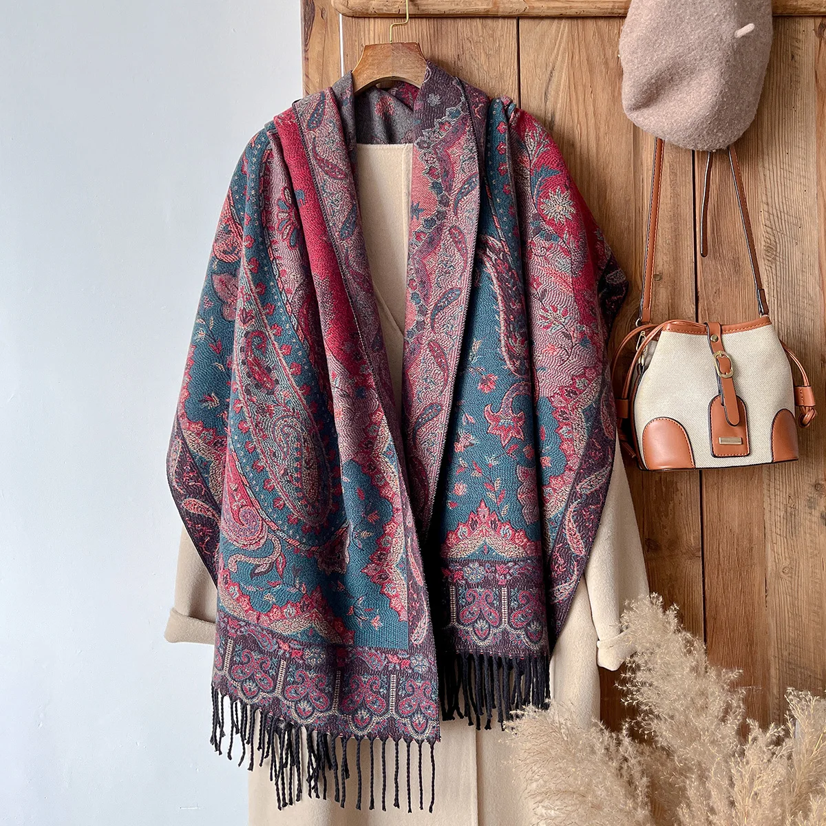 

Winter New Brand Women's National Style Paisley Print Thick Pashmina Shawl - Warm Long Tassel Scarf & Cold-Proof Poncho Stoles