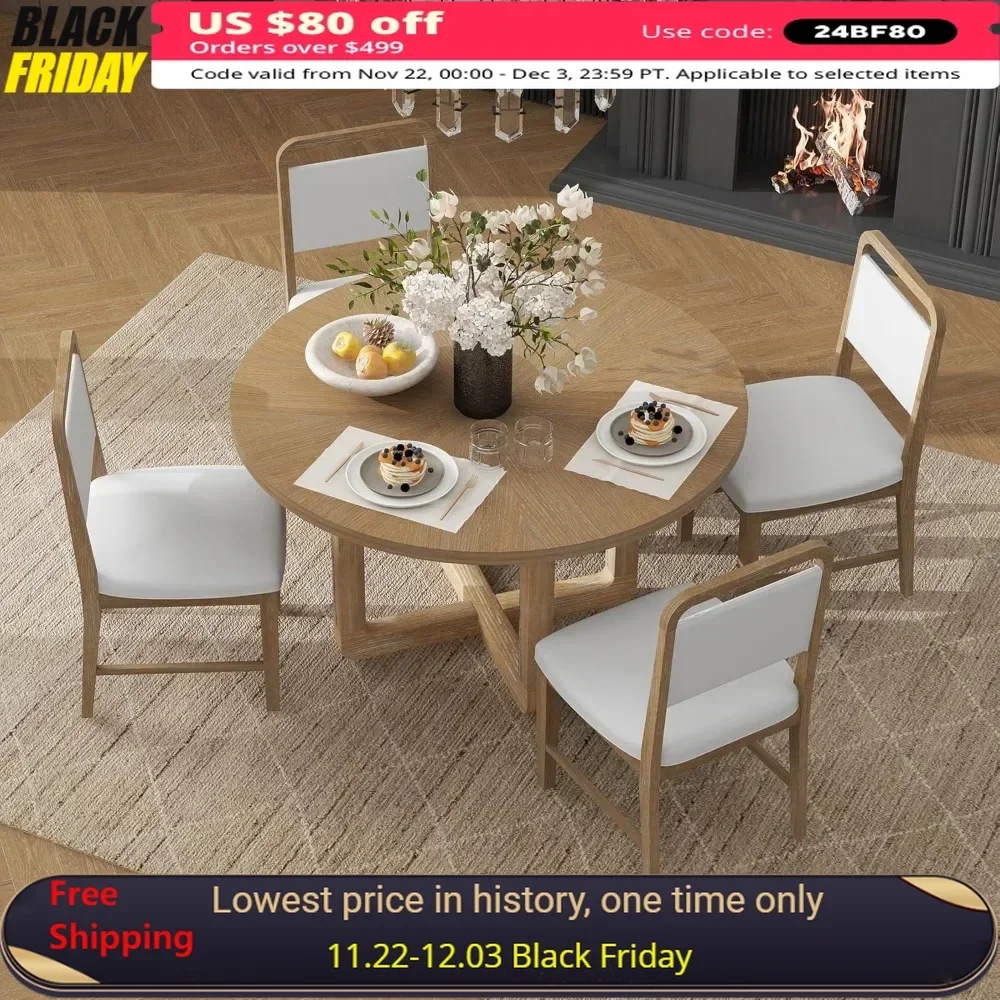 Dining Table and Chairs, Round Dinings Table and 4 Upholstered Chairs Set Retro Dinings Room Sets ,Wood Dining Furniture Set