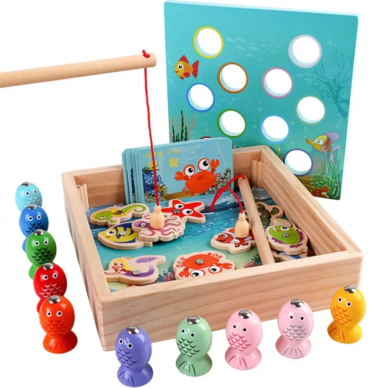 Wooden Magnetic Fishing Games Baby Early Education Puzzle Scratching Toys 3D Fish Brain Development Montessori Teaching Aids