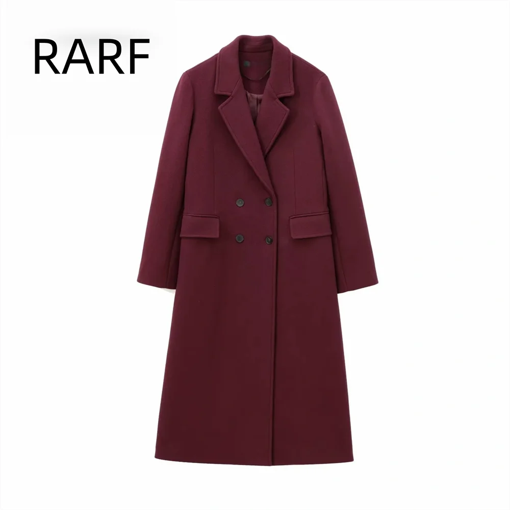 

New autumn and winter women's clothing, loose collared double breasted wine red wool blended coat jacket