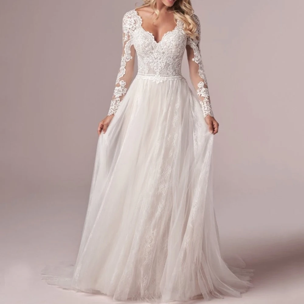 

Boho A-Line Wedding Dress Tulle and Lace with Applique V-Neck and Illusion Long Sleeves Open Back with Buttons Customized Gown