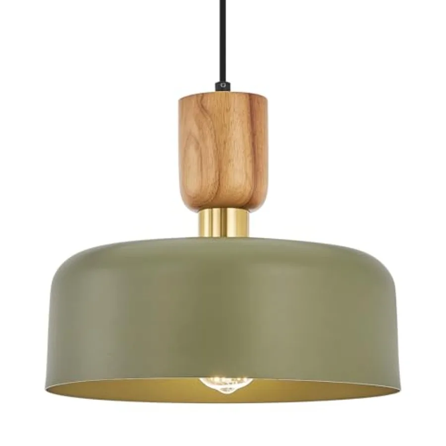 

Contemporary Pendant Lighting12 inch Pendant Lamp Wood and Brass Accent Adjustable Metal Hanging Light Fixture for Kitchen Dini