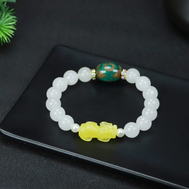 Natural Gold Silk Jade Round Beads Single Circle Pixiu Bracelet for Men and Women To Attract Wealth and Treasure