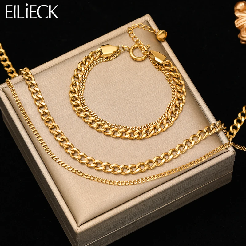 EILIECK 316L Stainless Steel Multi-layer Gold Color Necklace Bracelet For Women Girl Fashion Waterproof Chain Jewelry Set Gift