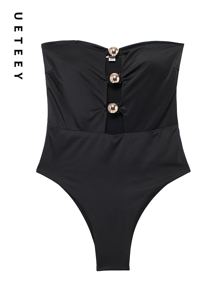 UETEEY Sexy Metal BandeauHollow Out Piece Swimsuit Women Fashion Backless Strapless Slim Bodysuit New Female Vacation Beachwear