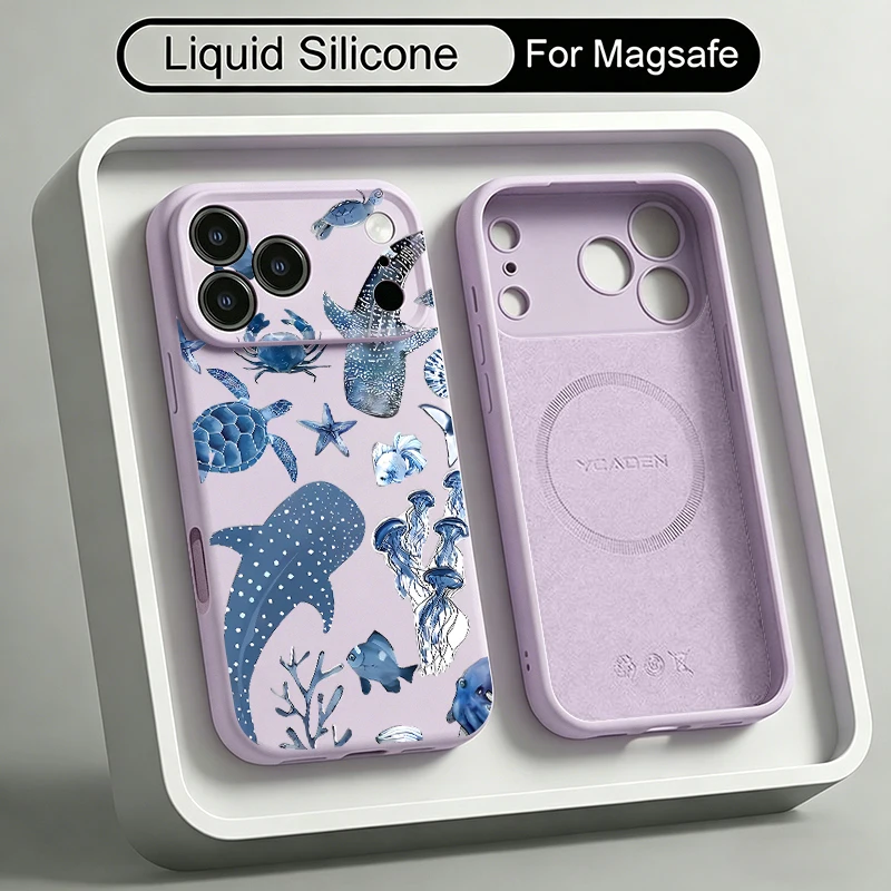 Magnetic Liquid Silicone Phone Case For iPhone 17 Pro Max 16 15 14 13 Pro Max For Magsafe Marine Animal Iron Circle Soft Cover