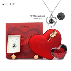 Allidy - Valentine's Day Creative Heart-piercing Rose Jewelry Box and 100 Languages ​​​​I Love You Projection Necklace Gift Set