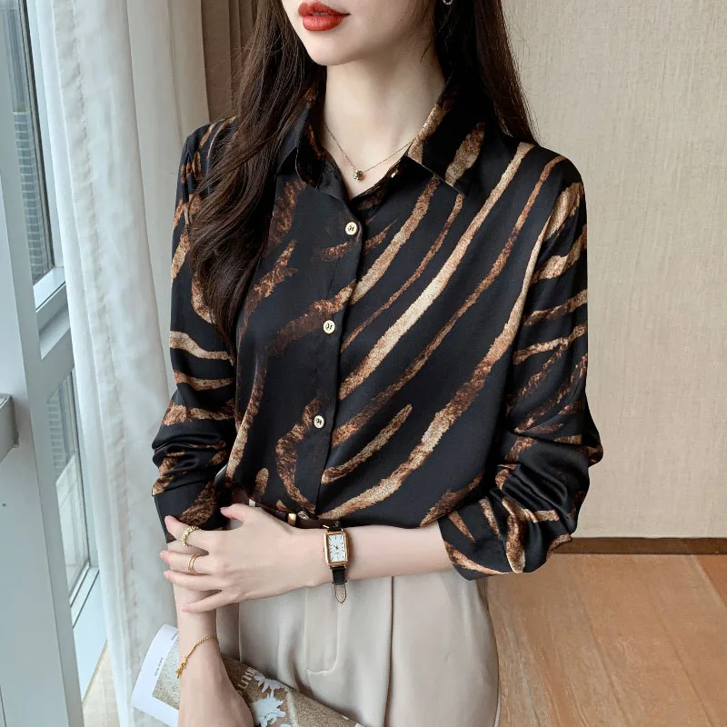 Women Clothing Striped Vintage Shirts Spring Long Sleeve Loose Fashion Button Turn-down Collar Blouses Elegant Temperament Tops