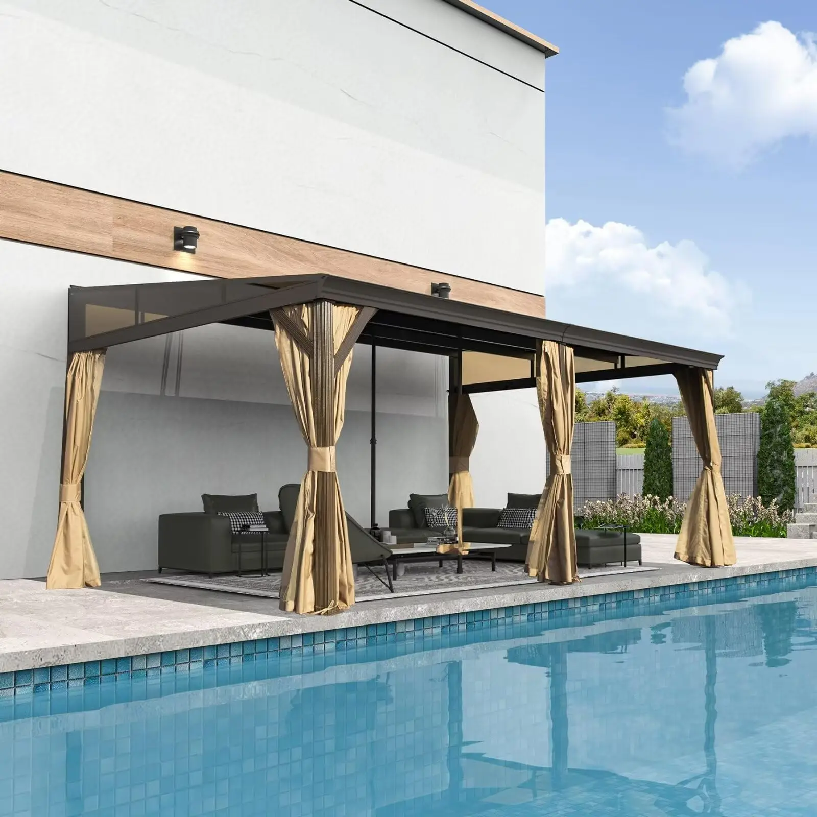 

！@12X16FT Metal Frame Patio Lean to Gazebo Galvanized Steel Sloping Roof Wall Mounted Hardtop Pergola with Curtain and Netting