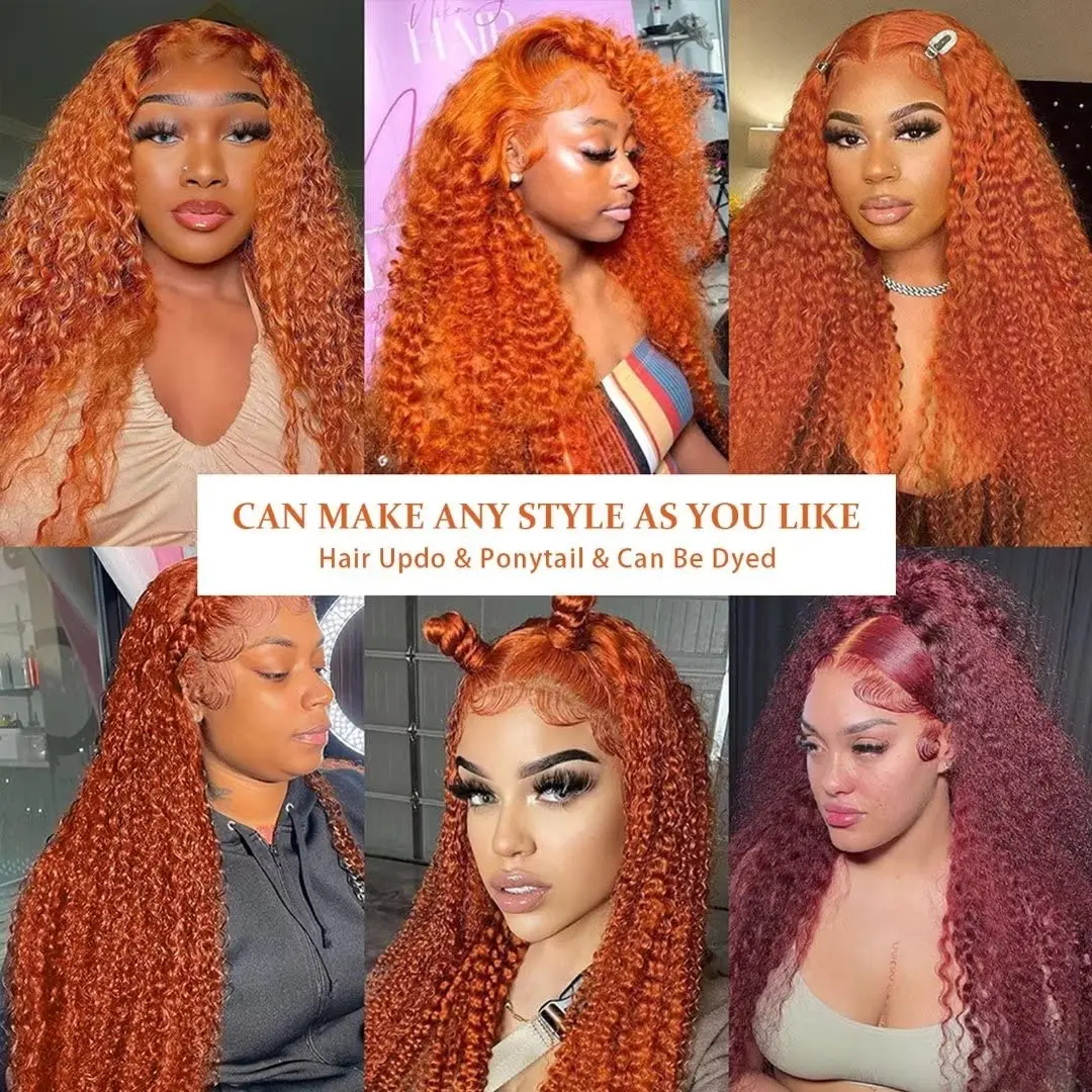 200 Density 13x4 13x6 HD Transparent Lace Front Human Hair Frontal Curly Wigs 100% Natural Hair Ginger Deep Wave Wigs For Women