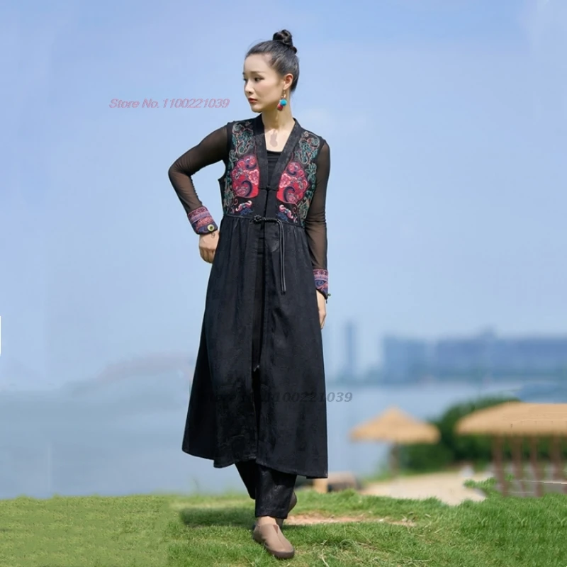 فستان صيني عتيق لعام 2025 مطرز بالزهور الوطنية بدون أكمام فستان هانفو بتصميم عتيق على شكل حرف a من قماش الجاكار الساتان فستان شعبي محسن #4