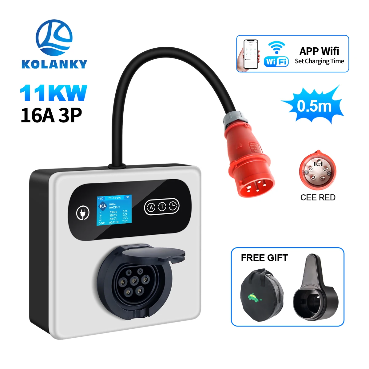 Kolanky 16A 11KW EV Charging Station With Type 2 Female Socket Cee Red To Type 2 Timer Tuya App Electric Vehicle Car Charger
