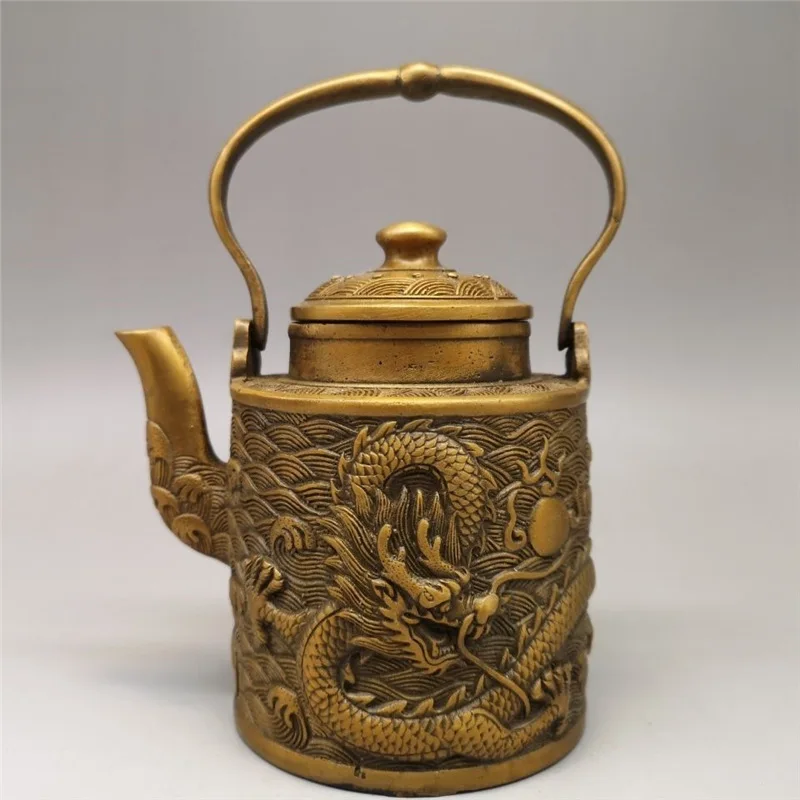 Brass pot with sea dragon pattern on the body, hand-crafted, exquisite and substantial, vintage collectible decorative item