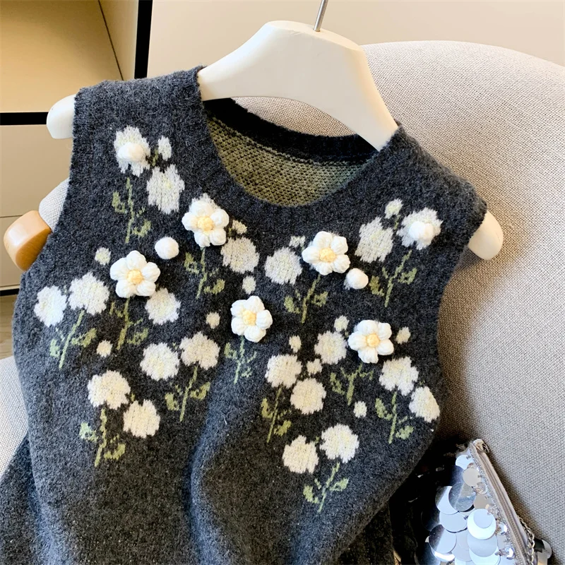 سترة نسائية عتيقة من MEXZT بلوفرات محبوكة مطبوعة هاراجوكو صدرية برقبة دائرية ملابس تريكو شتوية بدون أكمام