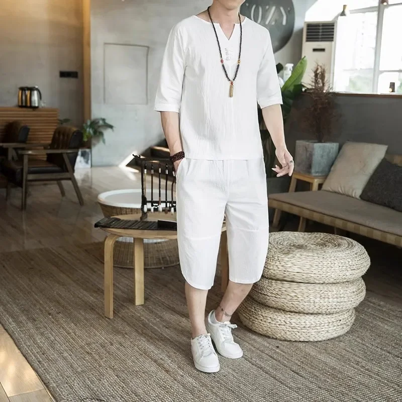 New Men\'s Thin Linen Suit Summer Chinese Loose Large Cotton and Linen 2 Pieces / Suit Short Sleeve Trousers 2 Pieces Set
