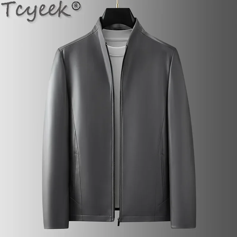 Tcyeek Real Leather Jacket Men Autumn Clothes Stand Collar Sheepskin Mens Coats Business Casual Leather Coat 2024 Jaqueta Couro