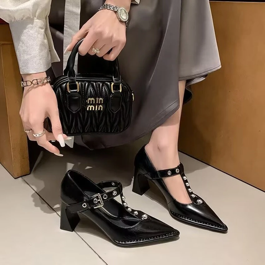 

Punk Gothic High Heels Pumps Women 2026 New Rose Heeled Patent Leather Shoes Woman Ankle Straps Black Mary Jane Shoes